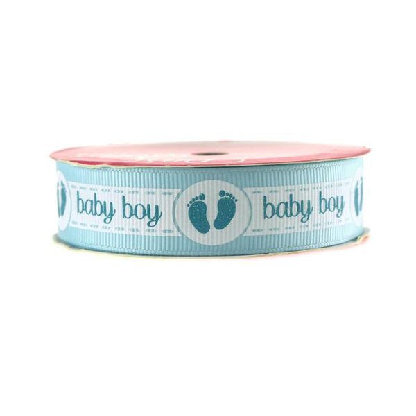 Baby Girl Baby Boy w/ Footprint Grosgrain Ribbon, 7/8-Inch, 3-Yard - Light Blue
