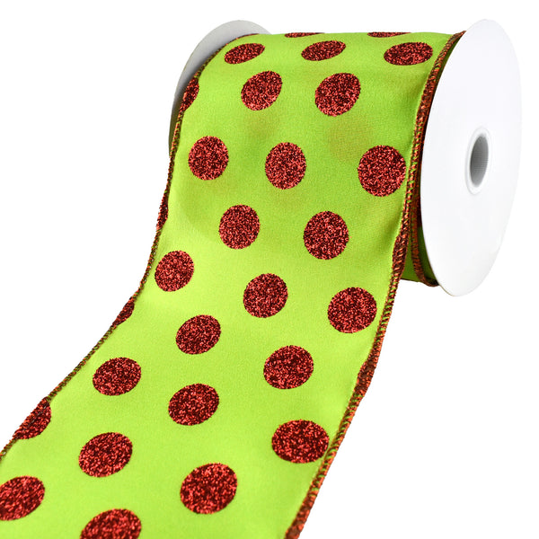 Christmas Polka Dots Wired Ribbon, 4-Inch, 10-Yard - Lime Green/Red