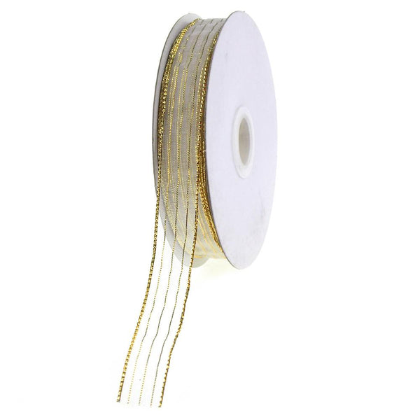 Sheer Metallic Stripe Corsage Ribbon, 5/8-inch, 50-yard, White/Gold