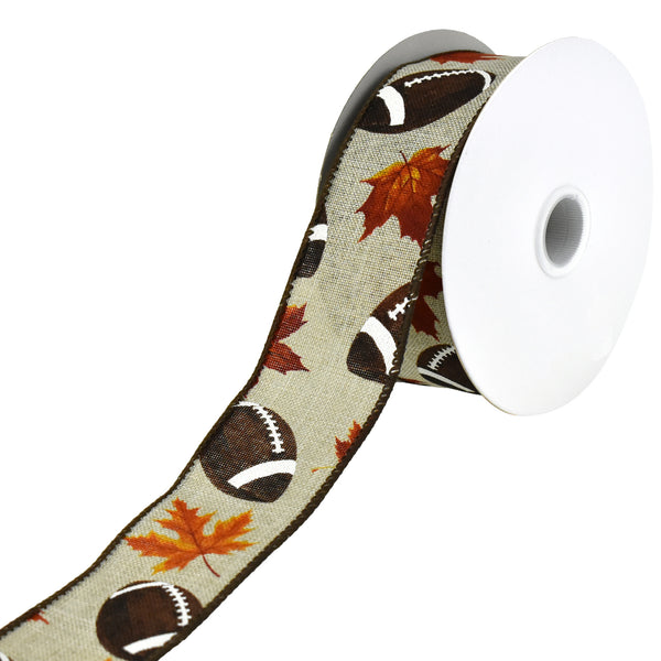 Autumn Leaves and Footballs Wired Ribbon, 1-1/2-Inch, 10-Yard