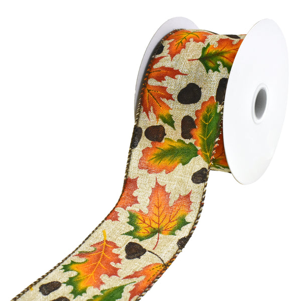Autumn Leaves and Acorns Wired Ribbon, 2-1/2-Inch, 10-Yard