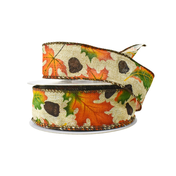 Autumn Leaves and Acorns Wired Ribbon, 1-1/2-Inch, 10-Yard