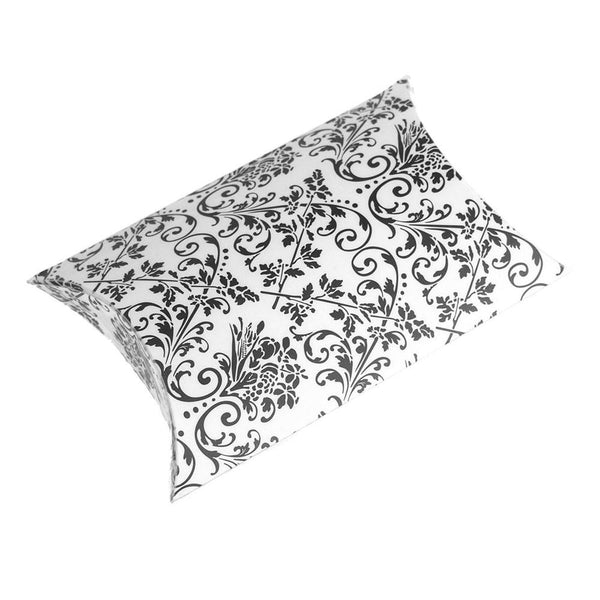 Damask Pillow Boxes Favors, 3-Inch, 12-Piece, White/Black
