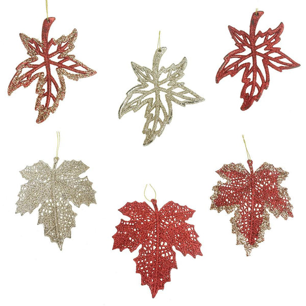Glitter Autumn Leaves, Red/Champagne, 5-Inch, 12-Piece