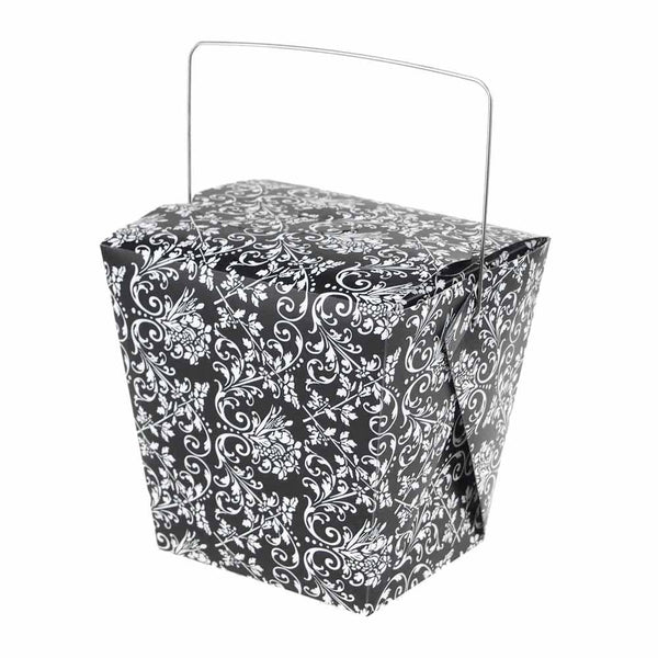 Damask Take Out Boxes with Wire Handle, 4-Inch, 12-Piece, Black/White