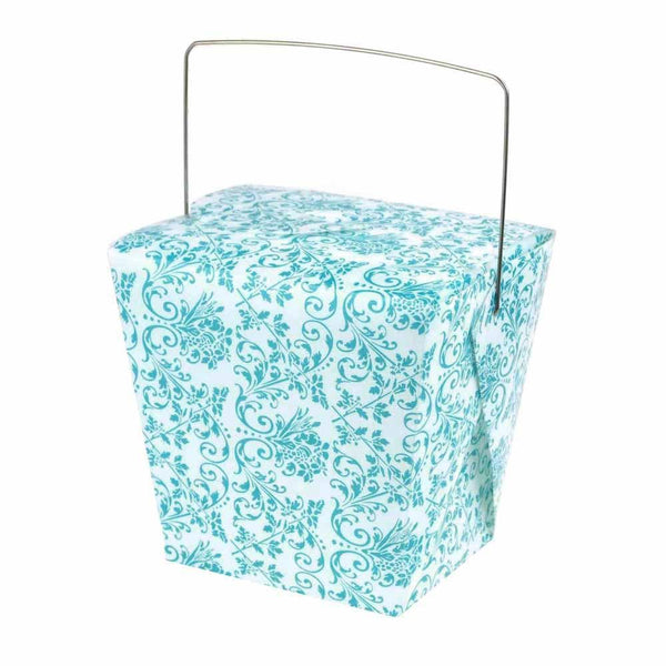 Damask Take Out Boxes with Wire Handle, 4-Inch, 12-Piece, White/Aqua