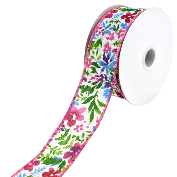 Watercolor Flowers Faux Linen Wired Ribbon, 1-1/2-Inch, 10-Yard