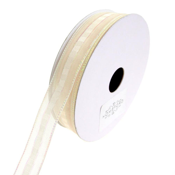 Sheer Metallic Iridescent Edge Natalia Ribbon, Ivory, 5/8-Inch, 25-Yards