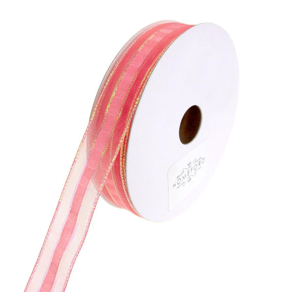Sheer Metallic Iridescent Edge Natalia Ribbon, Coral, 5/8-Inch, 25-Yards