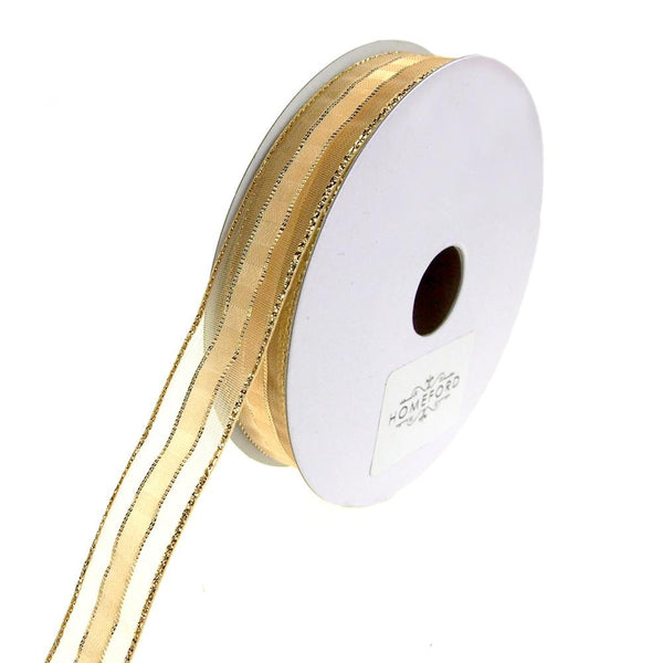 Sheer Metallic Iridescent Edge Natalia Ribbon, Gold, 5/8-Inch, 25-Yards