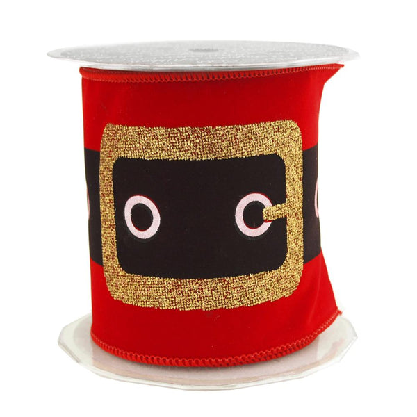 Christmas Santa Belt Velvet Ribbon Wired Edge, 4-Inch, 5 Yards, Red