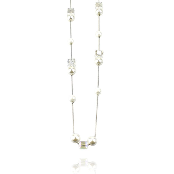 Long Square Beaded Necklace, Clear, 34-Inch
