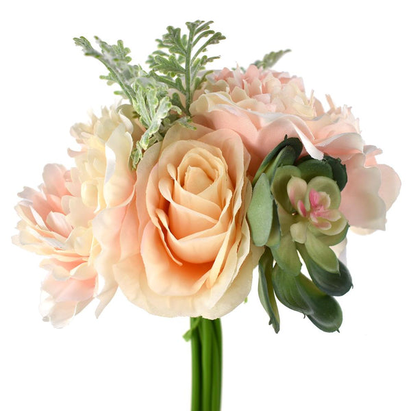 Silk Rose and Peony Bush with Succulents, 11-Inch, Peach