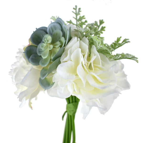 Silk Rose and Peony Bush with Succulents, 11-Inch, White