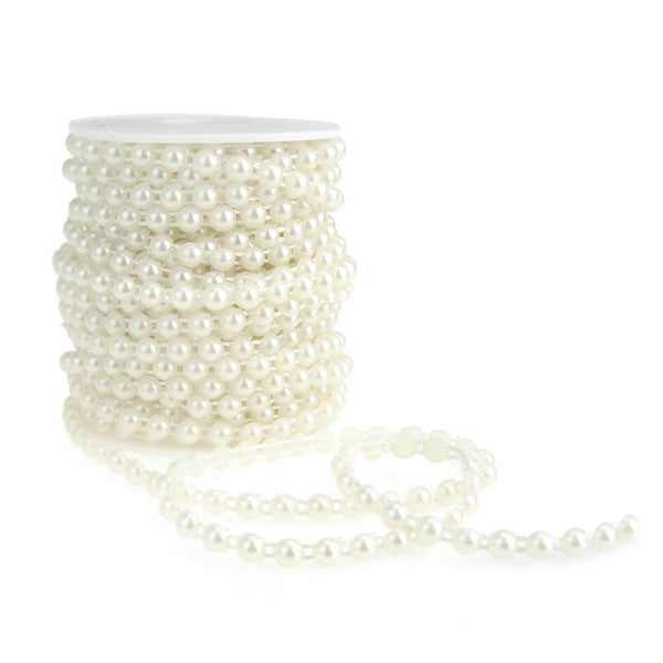 Plastic Flat Back Craft Pearl String, White, 6mm, 15-Yards