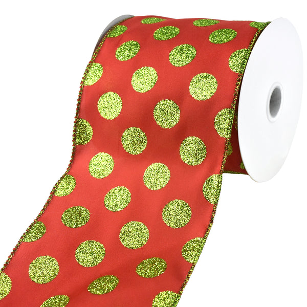 Christmas Polka Dots Wired Ribbon, 4-Inch, 10-Yard - Red/Lime Green