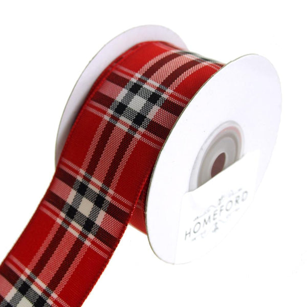 Woven Lauren Plaid Wired Christmas Holiday Ribbon, Red/Black, 1-1/2-Inch, 10 Yards
