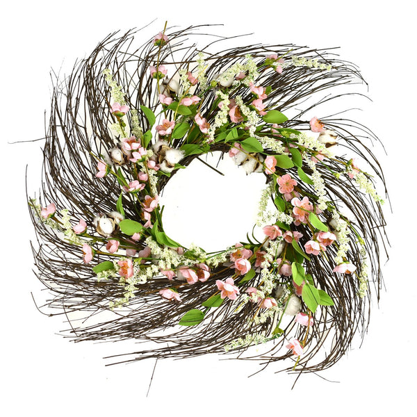 Wrapped Twig Cotton Blossom Wreath, Pink, 22-Inch
