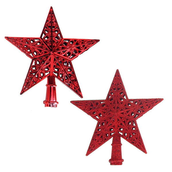 Glitter Star Plastic Christmas Tree Topper, Red, 8-Inch, 2-Piece