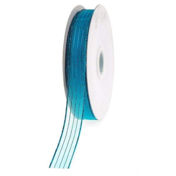 Sheer Metallic Stripe Corsage Ribbon, 5/8-inch, 50-yard, Turquoise