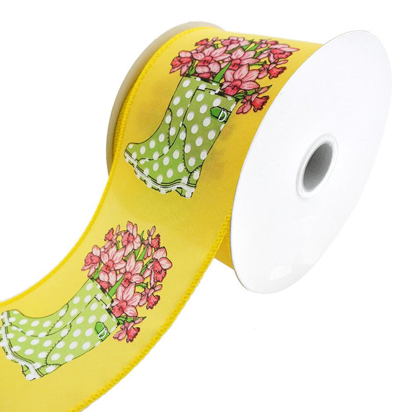 Rain Boots With Daffodils Satin Wired Ribbon, 2-1/2-Inch, 10-Yard, Yellow/Lime
