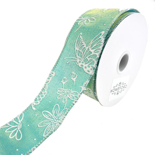 Iridescent Butterflies 2-Toned Satin Wired Ribbon, Blue/Green, 1-1/2-Inch, 10-Yard