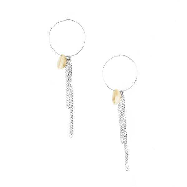 Cowrie Shell Hoop Earrings, Silver, 5-Inch