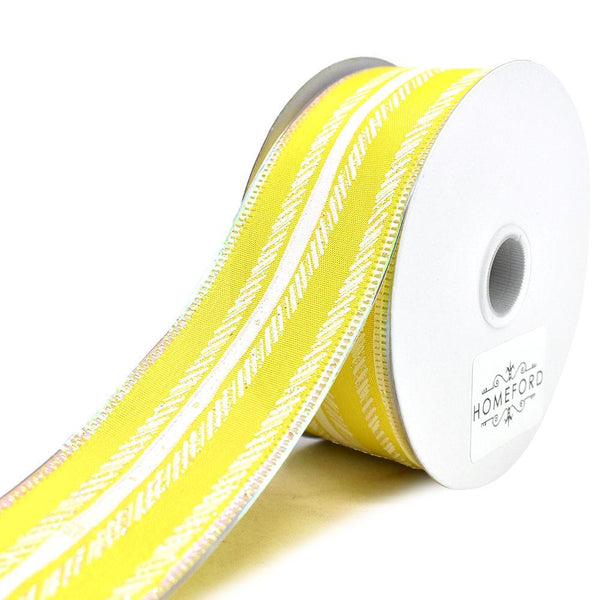 Feathered Stripes Iridescent Edge Satin Wired Ribbon, Yellow, 1-1/2-Inch, 10-Yard