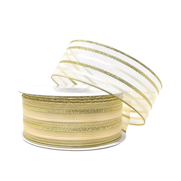Metallic Stripe Sheer Wired Ribbon, Gold, 1-1/2-Inch, 25-Yard