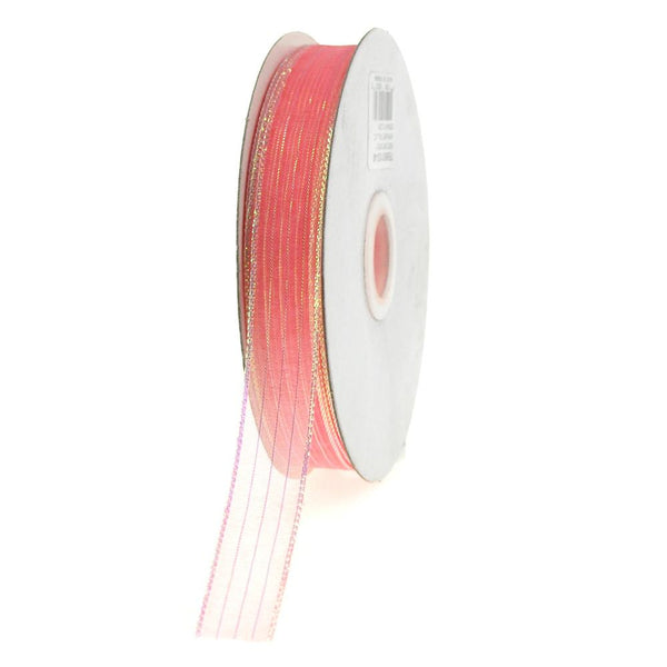 Sheer Metallic Stripe Corsage Ribbon, 5/8-inch, 50-yard, Coral