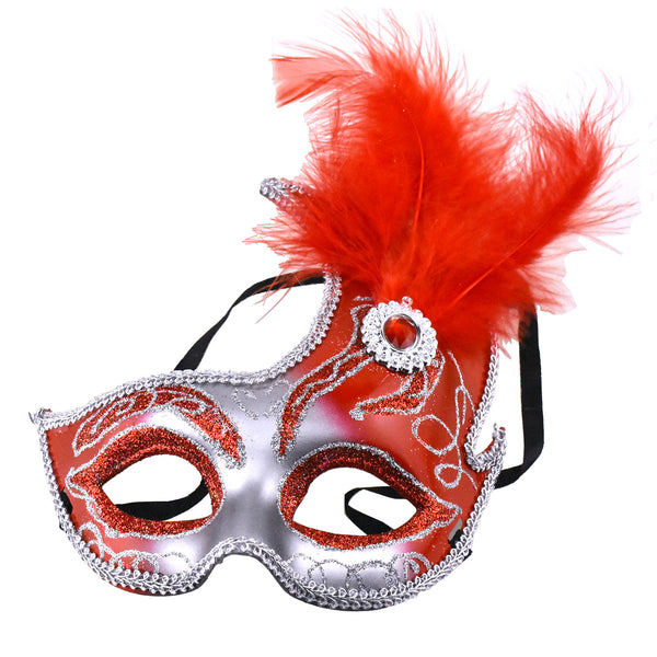 Fancy Feather and Gemstone Accent Mask, 10-1/4-Inch x 6-3/4-Inch - Red