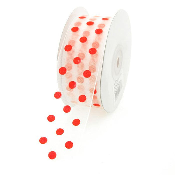 Polka Dot Organza Ribbon, 1-1/2-Inch, 25 Yards, White/Red