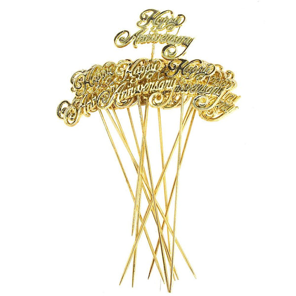 Plastic Chrome "Happy Anniversary" Pick, Gold, 5-Inch, 12 Count