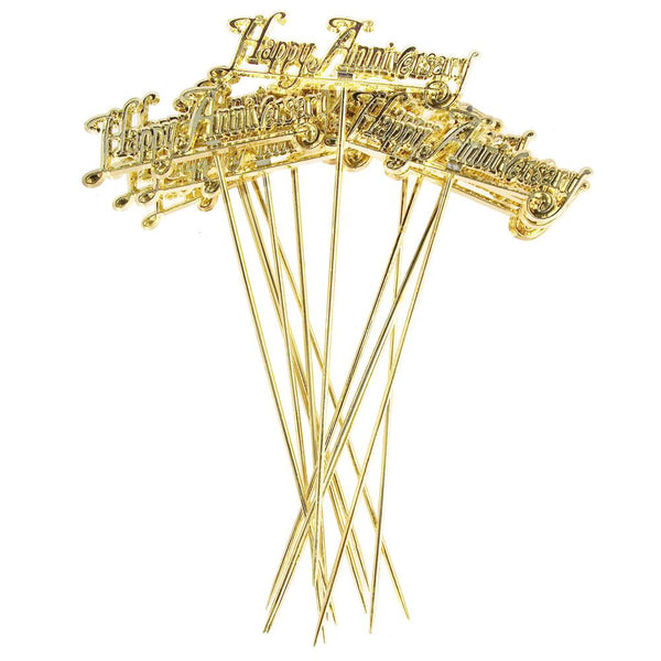 Plastic Chrome "Happy Anniversary" Cursive Pick, Gold, 4-Inch, 12 Count