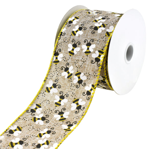 Buzzing Bees Printed Faux Linen Wired Ribbon, 2-1/2-Inch, 10-Yard