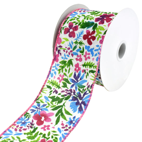 Watercolor Flowers Faux Linen Wired Ribbon, 2-1/2-Inch, 10-Yard