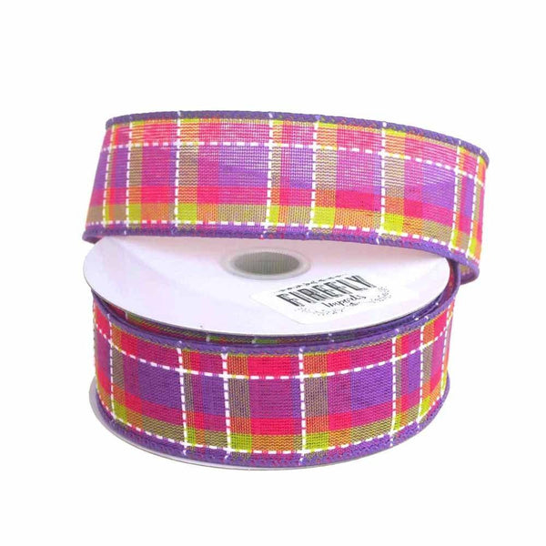 Colorful Dash Plaid Polyester Ribbon Wired Edge, 1-1/2-Inch, 10 Yards, Purple