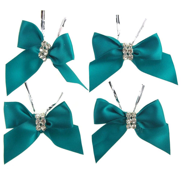 Pre-Tied Satin Bows with Rhinestone, 3-Inch, 4-Piece, Aqua
