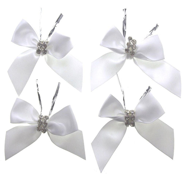 Pre-Tied Satin Bows with Rhinestone, 3-Inch, 4-Piece, White
