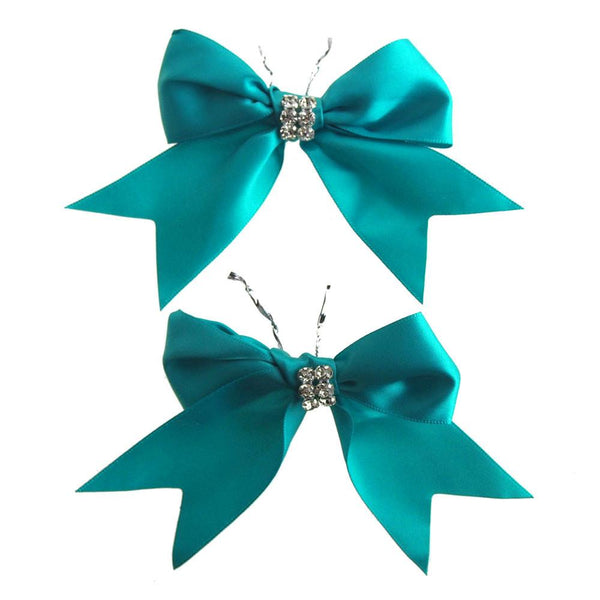 Pre-Tied Satin Bows with Rhinestone, 4-Inch, 2-Piece, Aqua