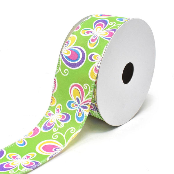 Butterflies Satin Wired Printed Ribbon, Lime, 1-1/2-Inch, 10-Yard