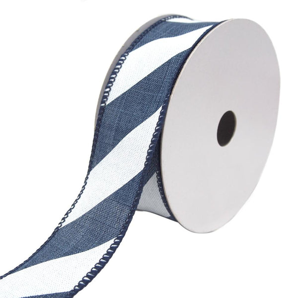 Diagonal Striped Faux Linen Nantucket Ribbon, Navy, 1-1/2-Inch, 10-Yards