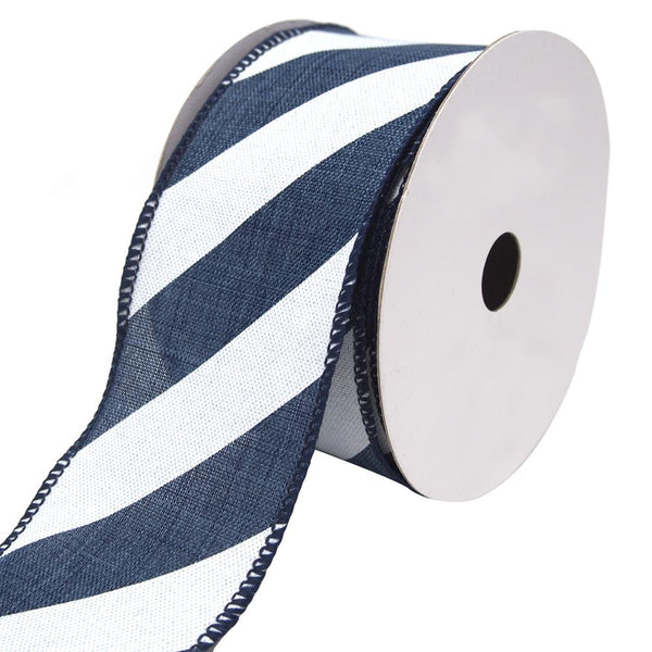 Diagonal Striped Faux Linen Nantucket Ribbon, Navy Blue, 2-1/2-Inch, 10-Yards