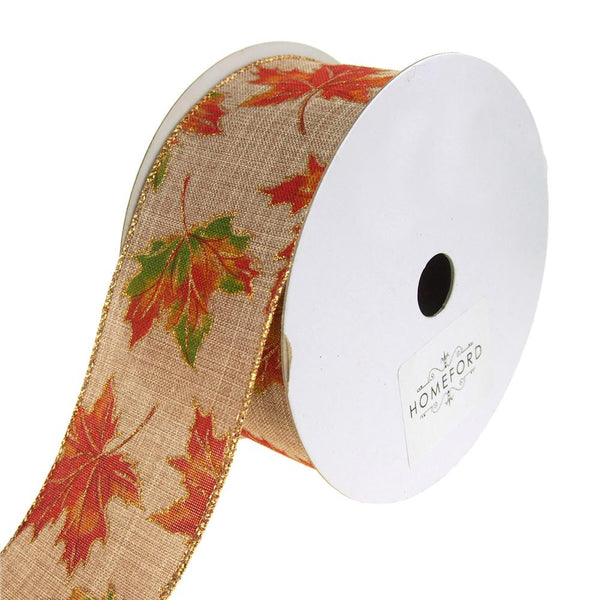 Autumn Leaves Fall Printed Linen Wired Ribbon, Natural, 2-1/2-Inch, 20 Yards