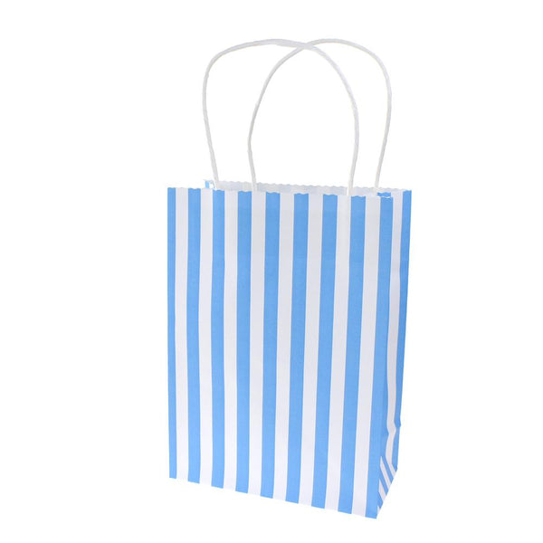 Striped Paper Kraft Bags with Handle, Blue, 9-Inch, 10-Count