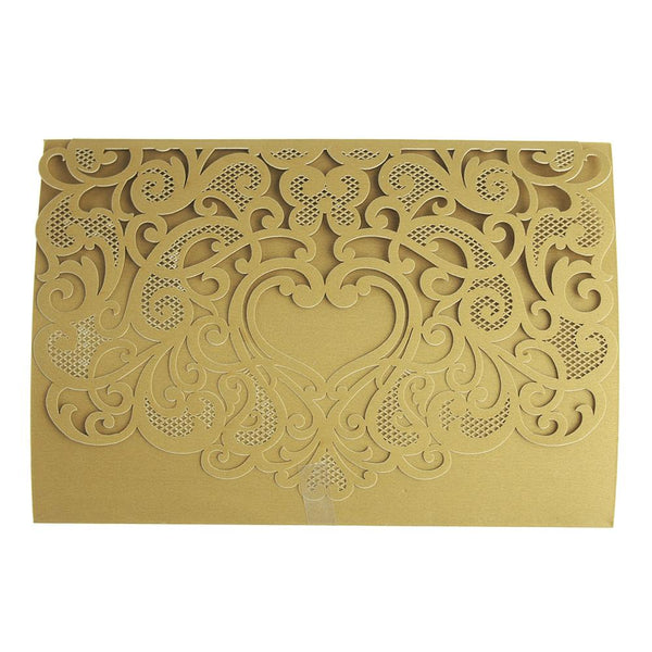 Rectangular Laser-Cut Pearlescent Scroll Swirl Heart Invitations, Gold, 7-1/4-Inch, 8-Count