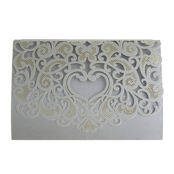 Rectangular Laser-Cut Pearlescent Scroll Swirl Heart Invitations, Silver, 7-1/4-Inch, 8-Count