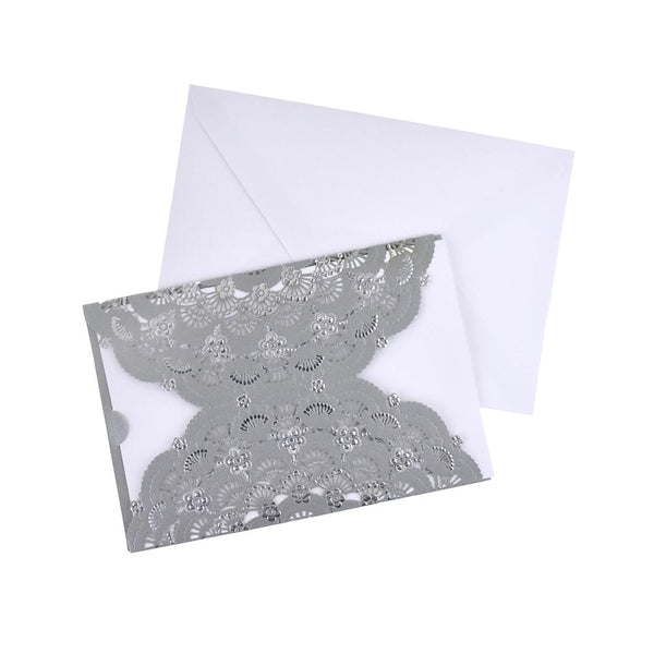 Metallic Embossed Flower Laser Cut Design Invitations, 7-1/4-Inch, 8-Piece, Silver