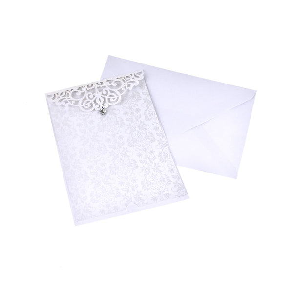 Blank Rectangular Laser Cut Lace Invitation with Rhinestone, 7-3/4-Inch, 8-Piece, White