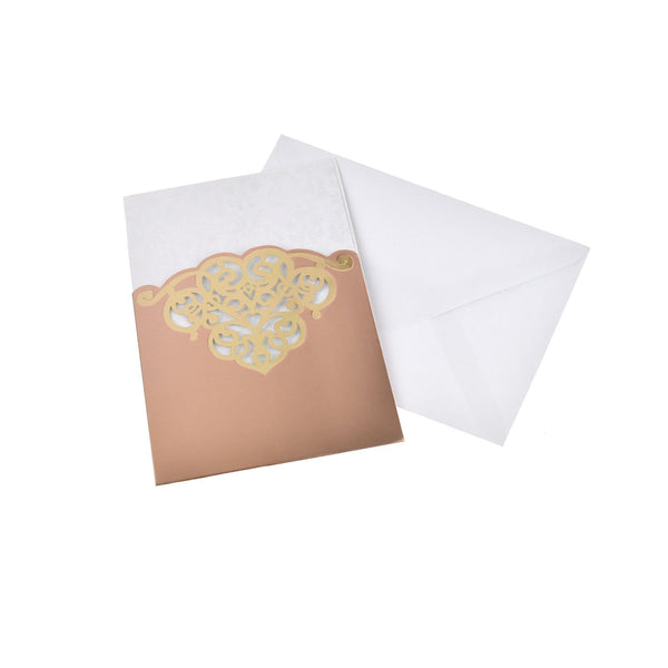 Rectangular Laser Cut Heart Design with Lace Pattern Invitation, 7-1/4-Inch, Rose Gold